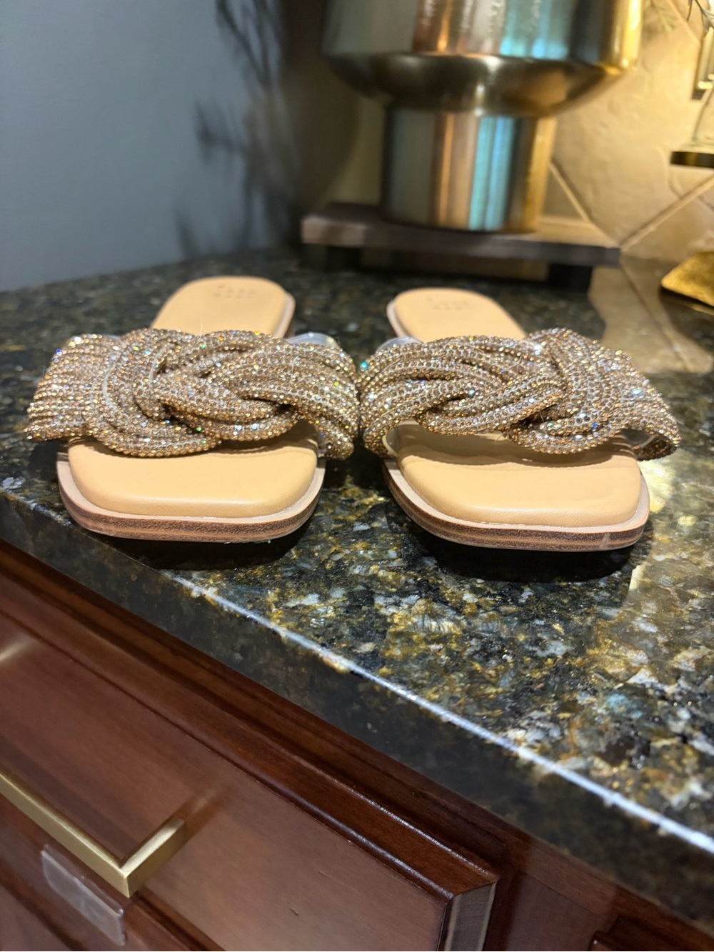 A New Day Bronze Rhinestone Slide Sandals